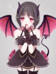  1girl :d bangs bare_shoulders black_dress black_hair black_legwear black_skirt blush bow breasts chisumi collar commentary cowboy_shot demon_girl demon_horns demon_tail demon_wings dress drooling eyebrows_visible_through_hair fang finger_to_mouth frilled_dress frills garter_straps grey_background halterneck head_tilt heart heart-shaped_pupils highres horns looking_at_viewer medium_breasts open_mouth original pink_bow pleated_skirt puffy_short_sleeves puffy_sleeves red_collar red_eyes short_hair short_sleeves simple_background skirt smile solo standing symbol-shaped_pupils tail thigh-highs wings 