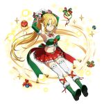  1girl armpits blonde_hair boots bow braid breasts christmas detached_collar fur_trim green_boots green_eyes hair_between_eyes hair_bow highres large_breasts leafa long_hair official_art one_eye_closed ornament pointy_ears ponytail red_skirt skirt smile sword_art_online sword_art_online:_memory_defrag thigh-highs thighhighs_under_boots transparent_background twin_braids white_legwear zettai_ryouiki 
