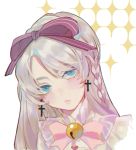  1girl bell blue_eyes blush bow closed_mouth commentary cross cross_earrings dress earrings ez_1011 frilled_dress frills grey_hair hair_bow head_tilt jewelry jingle_bell long_hair looking_at_viewer purple_bow solo white_dress 