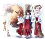  3girls animal_ears bangs blue_eyes broom cat eyebrows fang fox_ears fox_tail hakama holding holding_broom horned_girl_(jaco) horns jaco japanese_clothes kimono large_tail long_sleeves looking_to_the_side miko multiple_girls nail_polish orange_hair original parted_lips red_eyes red_hakama red_nails sandals short_hair slit_pupils smile standing tabi tail tears thick_eyebrows white_hair white_kimono white_legwear wide_sleeves 