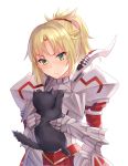  &gt;:( 1girl armor armored_dress black_cat blonde_hair blush braid cat closed_mouth fate/grand_order fate_(series) french_braid gauntlets green_eyes hair_ornament hair_scrunchie pauldrons ponytail saber_of_red scrunchie solo upper_body yuemanhuaikong 