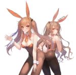  2girls :o absurdres animal_ears ass bare_shoulders black_bow black_legwear blush bow breasts brown_eyes brown_hair bunny_girl bunny_tail bunnysuit cleavage closed_mouth commentary detached_collar eyebrows_visible_through_hair from_behind girls_frontline hair_between_eyes hair_bow hand_on_own_leg highres large_breasts leaning_forward leotard light_smile long_hair looking_at_viewer looking_back multiple_girls necktie open_mouth orange_necktie panties rabbit_ears red_eyes red_leotard short_necktie sketch tail twintails twitter_username two_side_up ump45_(girls_frontline) ump9_(girls_frontline) underwear very_long_hair white_background wing_collar wrist_cuffs zonekiller10 