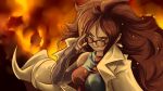  1girl android_21 brown_hair dragon_ball dragon_ball_fighterz earrings fire glasses highres jewelry labcoat long_hair plague_of_gripes solo 