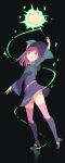  1girl absurdres arm_up black_background black_dress blue_footwear blue_hat boots cloba dress full_body hat high_heel_boots high_heels highres holding knee_boots little_witch_academia long_hair pink_hair pink_legwear short_dress simple_background solo standing thigh-highs witch_hat 