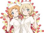  2girls aaru_(kerogero1582) blonde_hair blue_eyes blush darjeeling girls_und_panzer hat multiple_girls nurse nurse_cap one_eye_closed orange_pekoe pill sketch smile waving white_background 