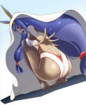  1girl ass bangs blue_hair blunt_bangs blush breasts dark_skin facial_mark fate/grand_order fate_(series) foreshortening from_behind full_body highres jackal_ears long_hair looking_at_viewer looking_back nib_pen_(medium) nitocris_(fate/grand_order) nitocris_(swimsuit_assassin)_(fate) oku_hideki open_mouth small_breasts solo squatting traditional_media very_long_hair violet_eyes 