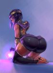  1girl absurdres arched_back ass bare_shoulders barefoot circlet cutesexyrobutts dark_skin feet highres long_hair looking_at_viewer looking_back menat purple_hair purple_legwear skindentation soles solo street_fighter street_fighter_v thick_thighs thigh-highs thighs toes violet_eyes 