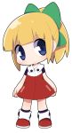  1girl bangs black_legwear blonde_hair blue_eyes blunt_bangs blush bow chibi closed_mouth dress eyebrows_visible_through_hair full_body green_bow hair_bow head_tilt long_hair looking_at_viewer osaragi_mitama ponytail red_dress red_shoes rockman roll shoes short_sleeves sidelocks simple_background smile socks solo standing white_background zipper 