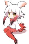  bangs blunt_bangs chibi gloves head_wings japanese_crested_ibis_(kemono_friends) kemono_friends long_sleeves looking_at_viewer multicolored_hair open_mouth osaragi_mitama pantyhose red_legwear redhead simple_background skirt solo tail two-tone_hair white_background white_hair yellow_eyes 