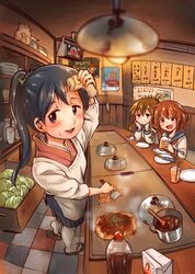  10s 3girls :d black_eyes black_hair black_hakama black_sailor_collar brown_eyes brown_hair folded_ponytail food hakama houshou_(kantai_collection) ikazuchi_(kantai_collection) inazuma_(kantai_collection) japanese_clothes kantai_collection kimono kirisawa_juuzou long_hair long_sleeves multiple_girls neckerchief okonomiyaki open_mouth pink_kimono red_neckerchief sailor_collar school_uniform serafuku short_hair smile 