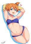  1girl :d aqua_eyes armpits arms_up artist_name bandeau bare_shoulders bikini blue_bikini blush breasts cropped_legs gluteal_fold hair_between_eyes heart highres kasumi_(pokemon) looking_at_viewer moisture_(chichi) navel one_side_up open_mouth orange_hair pokemon pokemon_(anime) shirt_lift shirt_over_head simple_background small_breasts smile solo swimsuit thigh_gap undressing 