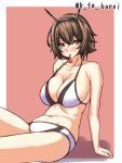  10s 1girl arm_support bangs bikini blush breasts brown_hair cherry collarbone eyebrows_visible_through_hair flipped_hair food food_in_mouth fruit green_eyes hair_between_eyes headgear highres kantai_collection kuroi_k-ta large_breasts looking_at_viewer mutsu_(kantai_collection) navel outside_border shadow short_hair sideboob sitting skindentation solo swimsuit twitter_username white_bikini 