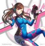  1girl ;) bangs blue_bodysuit bodysuit breasts brown_eyes brown_hair d.va_(overwatch) facepaint facial_mark gun headphones holding holding_gun holding_weapon large_breasts long_hair looking_at_viewer metto one_eye_closed overwatch parted_lips pilot_suit ribbed_bodysuit skin_tight smile solo swept_bangs weapon whisker_markings 