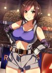  1girl bare_shoulders belt breasts brown_eyes brown_hair commentary_request elbow_gloves gloves hands_on_hips highres kazama_asuka large_breasts looking_at_viewer navel nishisan_(mikurosu) short_hair smile solo standing tekken 