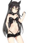  1girl :&gt; bangs bare_shoulders bikini black_bikini black_hair blush breasts character_request closed_mouth contrapposto cowboy_shot eyebrows_visible_through_hair girls_frontline hair_between_eyes hand_on_hip hand_up headgear highres judge_(girls_frontline) long_hair looking_at_viewer medium_breasts navel silver_(chenwen) simple_background smile solo swimsuit thighs tsurime white_background yellow_eyes 