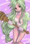  1girl 7_(poooonyo-kumaaaaaaao) bare_legs bent_over breasts cleavage closed_mouth collarbone eyebrows eyelashes facing_viewer final_fantasy final_fantasy_ix garnet_til_alexandros_xvii gloves green_eyes green_hair head_tilt holding juliet_sleeves knees_together_feet_apart leaning_forward legs leotard long_hair long_sleeves low-tied_long_hair markings medium_breasts multicolored multicolored_background pink_skin puffy_long_sleeves puffy_sleeves racket signature smile solo standing thigh_gap trance_garnet_til_alexandros_xvii very_long_hair white_gloves white_leotard 