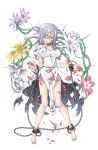  #17 1girl barefoot breasts chained chains dress flower full_body glasses hand_up highres large_breasts long_hair looking_at_viewer official_art petals princess_principal princess_principal_game_of_mission purple_hair smile solo standing torn_clothes torn_dress white_dress yellow_eyes 