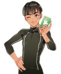  1boy ;) black_hair cellphone dark_skin dark_skinned_male grey_eyes hand_on_hip male_focus one_eye_closed phichit_chulanont phone smartphone smile yuri!!!_on_ice yuuki_(kkurcc) 