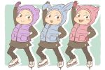  3girls :&gt; animal_hood arm_up bear_hood blue_gloves blush_stickers brown_eyes bunny_hood cat_hood gloves hand_on_hip hood hood_up hooded_vest ice_skates multiple_girls nishigoori_axel nishigoori_loop nishigoori_lutz open_mouth pink_gloves purple_gloves siblings sisters skates skirt smile snowchild triplets yuri!!!_on_ice 