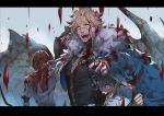  10s 3boys blonde_hair blood blood_on_face bloody_clothes blue_eyes cape fate/extra fate/grand_order fate_(series) fujimaru_ritsuka_(male) fur_trim gawain_(fate/extra) highres long_hair male_focus multiple_boys ogata_tomio raining_blood tears tristan_(fate/grand_order) uniform 