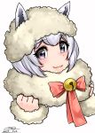  1girl 2017 alpaca_ears alpaca_huacaya_(kemono_friends) bell bow bowtie clenched_hands dated eyebrows_visible_through_hair fur-trimmed_sleeves fur_collar fur_trim grey_eyes hands_up happa_(cloverppd) jingle_bell kemono_friends looking_at_viewer short_hair signature simple_background solo upper_body white_background white_hair 
