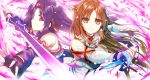  2girls asuna_(sao) breasplate brown_eyes brown_hair detached_sleeves fingerless_gloves floating_hair gloves headband highres holding holding_sword holding_weapon long_hair looking_at_viewer morizono_shiki multiple_girls petals purple_gloves purple_hair red_eyes smile sword sword_art_online upper_body very_long_hair weapon yuuki_(pokemon) yuuki_(sao) 