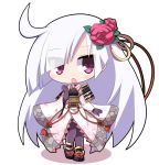  1girl ahoge armor bangs blush chibi eyes_visible_through_hair flower full_body gloves hair_flower hair_ornament hair_over_one_eye japanese_clothes long_hair looking_at_viewer open_mouth osaragi_mitama oshiro_project pantyhose red_eyes shirakawa_komine_(oshiro_project) simple_background solo very_long_hair white_background white_hair 
