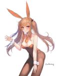  1girl absurdres animal_ears bare_shoulders black_bow black_legwear blush bow breasts brown_hair bunnysuit cleavage closed_mouth detached_collar eyebrows_visible_through_hair girls_frontline hair_bow hand_on_own_leg highres large_breasts leaning_forward leotard light_smile long_hair looking_at_viewer necktie orange_necktie panties rabbit_ears red_eyes red_leotard short_necktie sketch solo twintails twitter_username ump9_(girls_frontline) underwear very_long_hair white_background wing_collar wrist_cuffs zonekiller10 