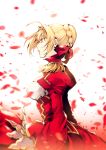  1girl ahoge blonde_hair bow breasts dress fate/extra fate_(series) from_side hair_between_eyes hair_bow medium_breasts nero_claudius_(fate) nero_claudius_(fate)_(all) red_bow red_dress short_hair sideboob solo standing white_background yellow_eyes yunomitootya 