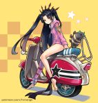  1girl ankle_ribbon black_hair black_ribbon checkered checkered_background fate/grand_order fate_(series) ground_vehicle highres ishtar_(fate/grand_order) ishtar_(swimsuit_rider)_(fate) legs long_hair looking_at_viewer motor_vehicle motorcycle patreon_username phandit_thirathon pink_jacket pink_legwear red_eyes ribbon scooter single_thighhigh sitting solo star thigh-highs tohsaka_rin twintails vespa yellow_background 