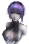  1girl absurdres assassin_(fate/prototype_fragments) bare_shoulders breasts cleavage dark_skin fate/prototype fate/prototype:_fragments_of_blue_and_silver fate_(series) highres hometa looking_at_viewer purple_hair revealing_clothes short_hair simple_background sketch smile solo violet_eyes white_background 