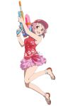  1girl arms_up bead_bracelet beads blush bracelet freckles full_body gun hat holding holding_gun holding_weapon jewelry lisbeth looking_at_viewer official_art open_mouth round_teeth sandals simple_background skirt sleeveless solo sword_art_online teeth water_gun weapon white_background 