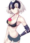  1girl ahoge armor bare_shoulders besmiled between_breasts bikini_top black_bikini_top breasts cleavage closed_eyes cowboy_shot denim denim_shorts eyebrows_visible_through_hair fate/grand_order fate_(series) flower front-tie_bikini front-tie_top gauntlets hand_on_own_thigh headpiece jeanne_alter looking_at_viewer medium_breasts midriff navel red_rose rose ruler_(fate/apocrypha) short_hair shorts simple_background solo standing white_background yellow_eyes 