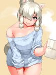  1girl 2017 alpaca_ears alpaca_suri_(kemono_friends) alpaca_tail alternate_costume bare_shoulders beige_background blonde_hair blue_sweater collarbone cowboy_shot cup dated extra_ears eyebrows_visible_through_hair foreshortening giving grey_eyes hair_bun hair_over_one_eye hair_tie happa_(cloverppd) holding kemono_friends light_smile long_sleeves looking_at_viewer mug ribbed_sweater shirt_pull short_hair simple_background sleeves_rolled_up solo steam sweater 