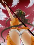  1girl armpits ass bare_arms bare_shoulders bell black_hair breasts brown_eyes chinese_clothes clouds cloudy_sky cowboy_shot double_bun from_below hair_bell hair_ornament holding holding_weapon jingle_bell long_hair looking_at_viewer looking_back looking_down nataku_(sennen_sensou_aigis) nib_pen_(medium) oku_hideki orange_legwear panties sennen_sensou_aigis sky sleeveless small_breasts solo staff thigh-highs traditional_media twintails underwear very_long_hair weapon white_panties 