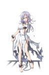  #17 1girl barefoot breasts chained chains dress flower full_body glasses hand_up highres large_breasts long_hair looking_at_viewer official_art princess_principal princess_principal_game_of_mission purple_hair solo standing torn_clothes torn_dress white_dress yellow_eyes 