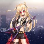  1girl absurdres belt black_gloves blonde_hair breasts choker elbow_gloves electric_guitar esp_guitars flying_v gloves guitar heart-shaped_sunglasses highres instrument long_hair looking_at_viewer midriff original shorts single_thighhigh sleeveless solo striped striped_legwear sunglasses thigh-highs two_side_up yuhuan 