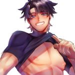  1boy black_hair blue_eyes fate/grand_order fate_(series) fujimaru_ritsuka_(male) looking_at_viewer male_focus nipples pectorals shirt_lift short_hair simple_background smile solo toned toned_male upper_body white_background 