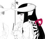  1girl animal_ears bangs black_hair blunt_bangs closed_mouth finger_to_mouth food greyscale holding holding_food hood hood_down hoodie horned_girl_(jaco) horns jaco long_hair long_sleeves looking_at_mirror mirror monochrome onomatopoeia original pocky ponytail profile red_eyes reflection solo speech_bubble spot_color squiggle 