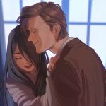  1boy 1girl aconitea black_hair brown_hair closed_eyes doctor_who eleventh_doctor open_mouth original smile suit_jacket the_doctor window 
