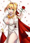  10s 1girl :d bangs blonde_hair blush bracelet breasts bridal_gauntlets cleavage cowboy_shot dress fate/extra fate_(series) flower green_eyes hair_intakes hair_ribbon highres jewelry large_breasts looking_at_viewer open_mouth petals red_rose ribbon rose rose_petals saber_extra smile solo urayama_(backmountain) white_dress 