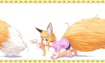  1girl :&lt; all_fours animal_ears bare_legs bare_shoulders barefoot blonde_hair blue_eyes blue_shorts blush commentary_request fourth_wall fox_ears fox_girl fox_tail frame from_side jaco long_hair loop motion_lines original outside_border parted_lips paw_pose paw_print pink_sweater ribbed_sweater shorts simple_background solo sparkle sweater tail white_background 