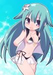  1girl aqua_hair arms_behind_back blush breasts chibi flower hair_flower hair_ornament long_hair looking_at_viewer medium_breasts nagoya_(oshiro_project) navel open_mouth osaragi_mitama oshiro_project smile solo standing swimsuit violet_eyes 