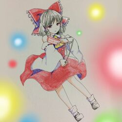  &gt;:o 1girl :o ascot black_hair blouse bow danmaku detached_sleeves fantasy_seal gohei hair_bow hair_tubes hakurei_reimu large_bow looking_at_viewer loose_socks mary_janes medium_hair mixed_media ofuda red_eyes shoes skirt skirt_set socks solo touhou yellow_ascot yururi_nano 