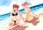  2girls ahoge anou_machi auburn_hair back baggataway barefoot beach bikini black_bikini blue_nails breasts cleavage clouds commentary_request from_behind hand_on_own_thigh highres kohinata_iroha light_brown_hair looking_at_viewer looking_back medium_breasts multiple_girls nail_polish navel ponytail red_nails sand short_hair sitting striped striped_bikini swimsuit toenail_polish uchinomaki_manami water yellow_bikini yellow_eyes 