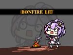  1girl azur_lane bonfire chibi commentary_request crown dark_souls full_body gameplay_mechanics grey_background highres javelin_(azur_lane) kagami_(kagamina) mini_crown neckerchief o_o parody pink_neckwear purple_hair solo souls_(from_software) square_mouth standing sweat zoom_layer 
