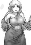  1girl bangs bare_shoulders breasts cowboy_shot detached_sleeves eyebrows_visible_through_hair greyscale hand_on_hip large_breasts long_hair long_sleeves looking_at_viewer monochrome open_mouth sakata_nemuno simple_background skirt solo touhou white_background yuugatou_(yuuzutu) 