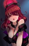  bare_shoulders black_shirt blush breasts chains choker cleavage clothes_writing collarbone crop_top earrings full-face_blush hecatia_lapislazuli highres jewelry large_breasts parted_lips pointy_ears polos_crown raptor7 red_eyes redhead shirt short_hair short_sleeves touhou 