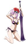  1girl arms_up barefoot bikini breasts flower full_body hair_flower hair_ornament halter_top halterneck hand_behind_head holding holding_sword holding_weapon huge_weapon large_breasts long_hair looking_at_viewer mole mole_on_breast navel official_art one_eye_closed purple_hair red_eyes side-tie_bikini smile solo star star_print strea swimsuit sword sword_art_online weapon 