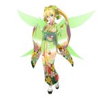  1girl blonde_hair braid floral_print full_body green_eyes high_ponytail leafa long_hair long_sleeves looking_at_viewer official_art open_mouth pointy_ears sandals side_braid solo tabi transparent_background twin_braids wide_sleeves wings 